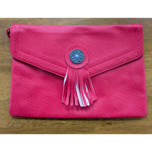 Vintage Red Faux Leather Clutch Boho Fringe Oversize 70s 80s Southwestern Wrist
